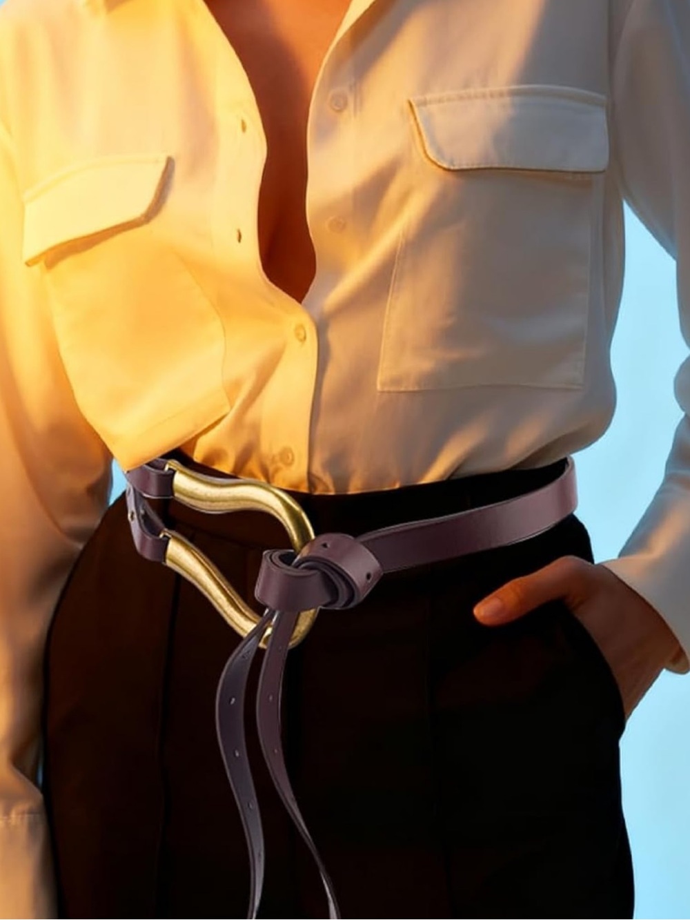 Lilac Leather Knot Belt with Sculpted Gold Buckle